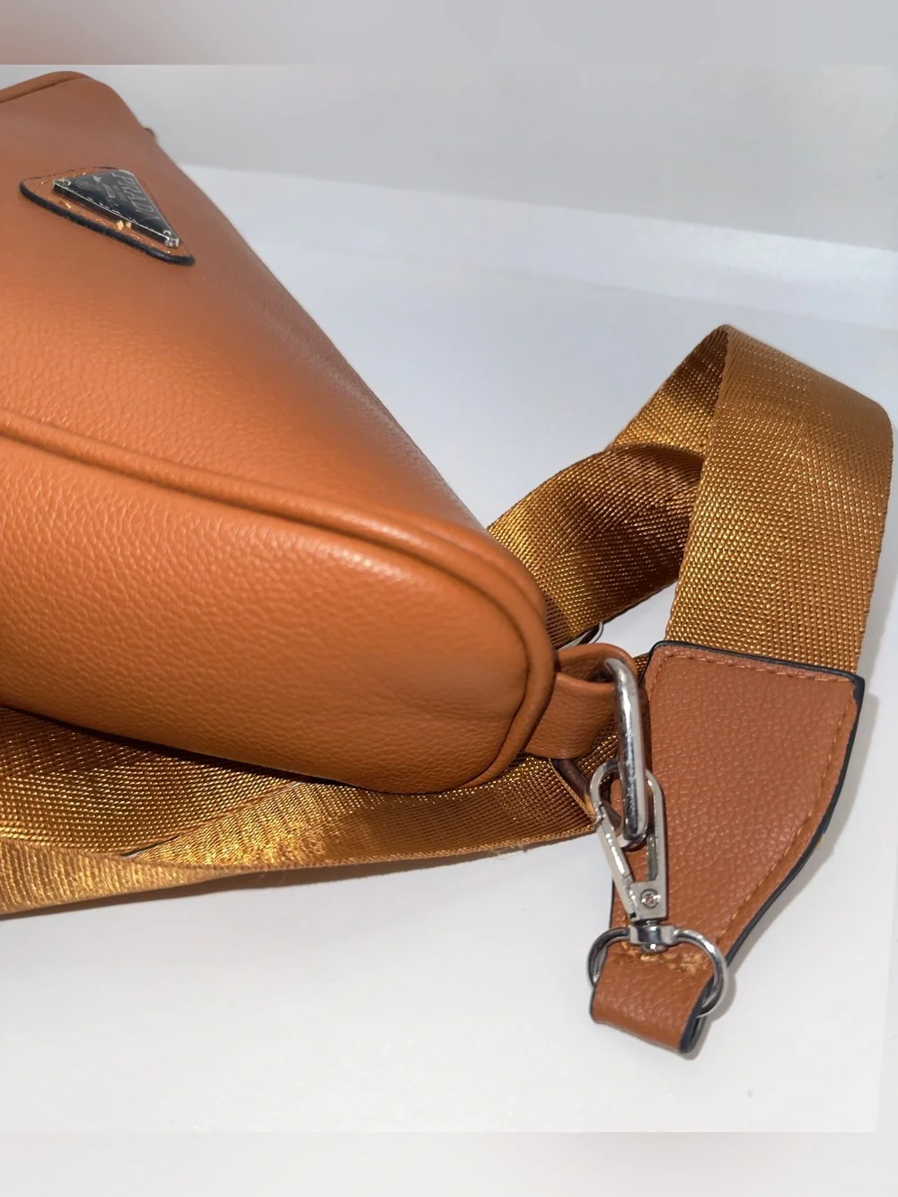 Designer-Inspired Brown Faux Leather Triangle Logo Crossbody Bag W/Pouch